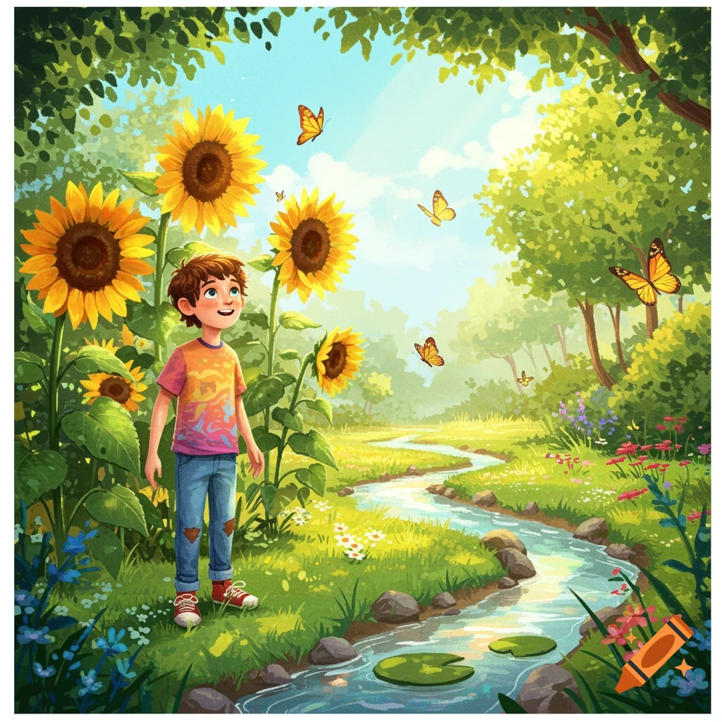 A happy boy stands among tall sunflowers and butterflies in a bright, lush forest with a winding stream, in a colorful illustration.