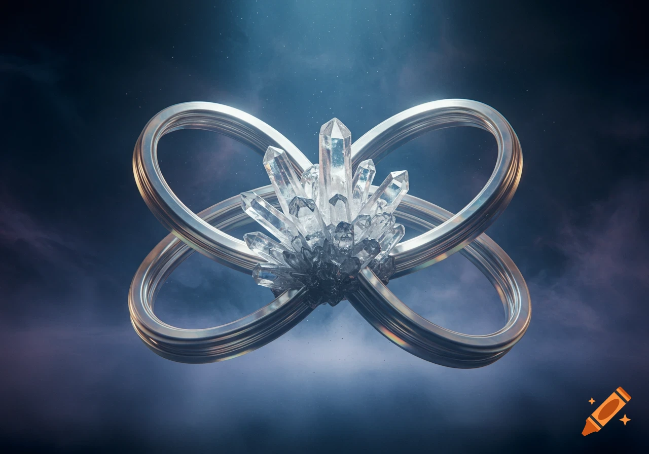 Metallic infinity symbols entwined with a clear quartz crystal cluster against a dark, cosmic background.