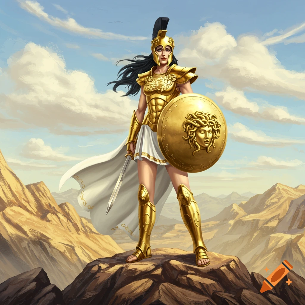 Black and white drawing of a female Spartan warrior with a shield on Craiyon, image size:1024x1024