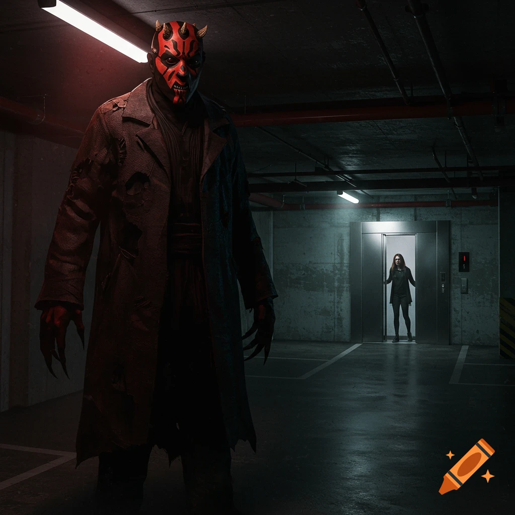 A large, demonic figure with a red and black face, horns, and claws stands in a dark parking garage, watching a woman exit an elevator.