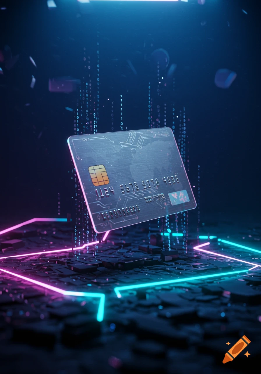A futuristic digital credit card floats in a neon-lit cyber landscape with binary code.