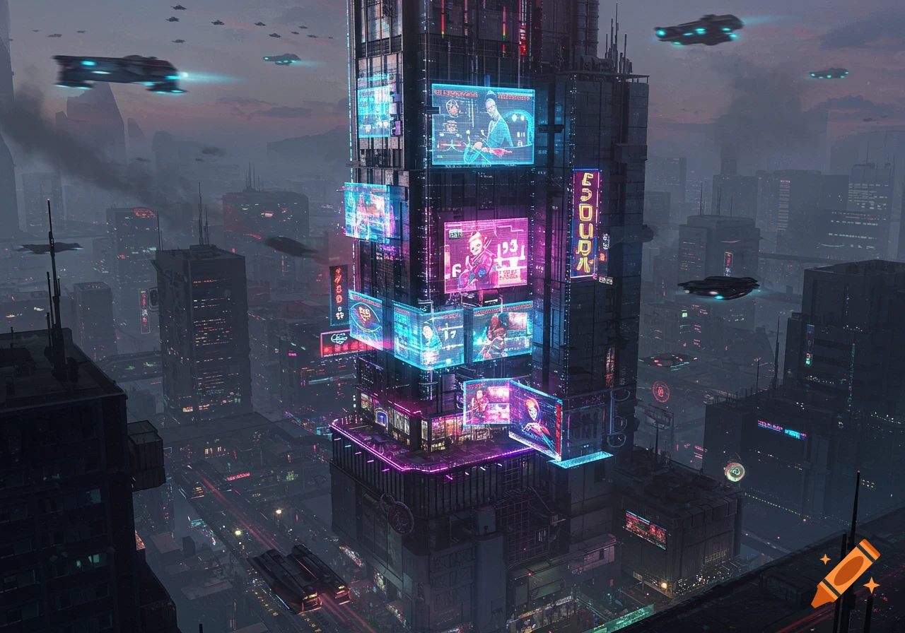 A vibrant cyberpunk cityscape at dusk, featuring a towering skyscraper adorned with glowing neon signs and digital screens, and flying vehicles traversing the sky.