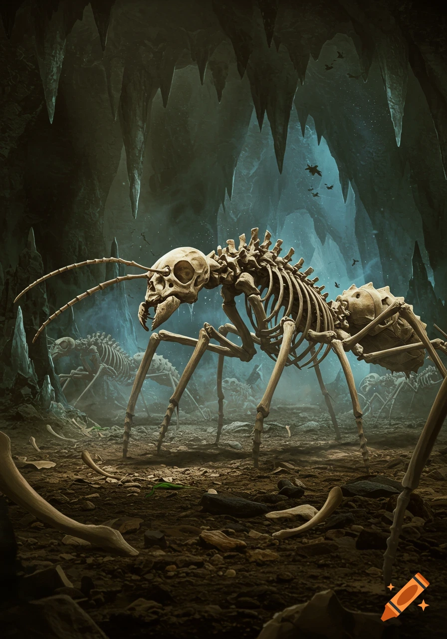 Large skeletal ants made of bone in a dark, misty cave with stalactites.