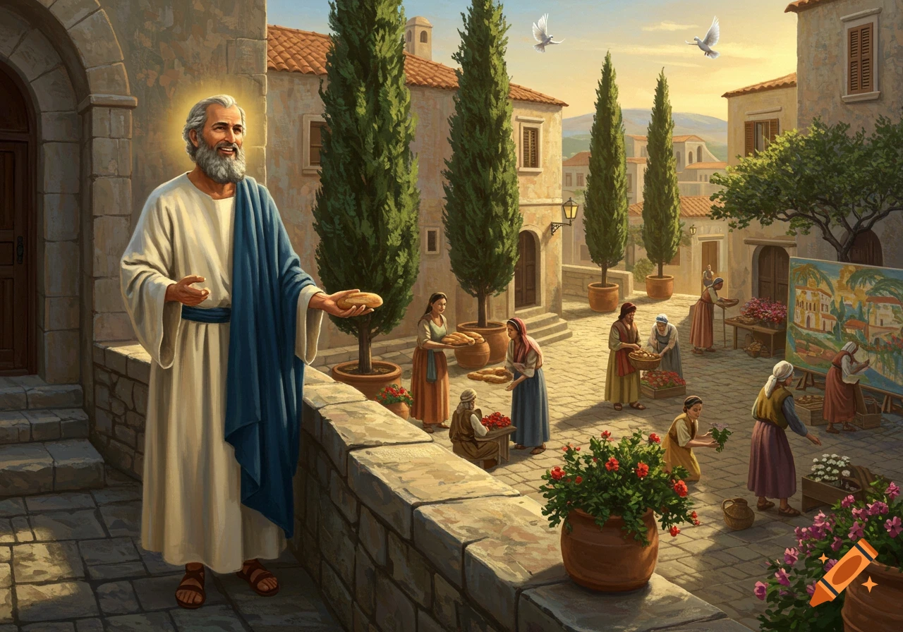 A smiling Apostle Paul in white and blue robes offers bread in a bustling ancient town square with followers and vendors, painted in a classical style.