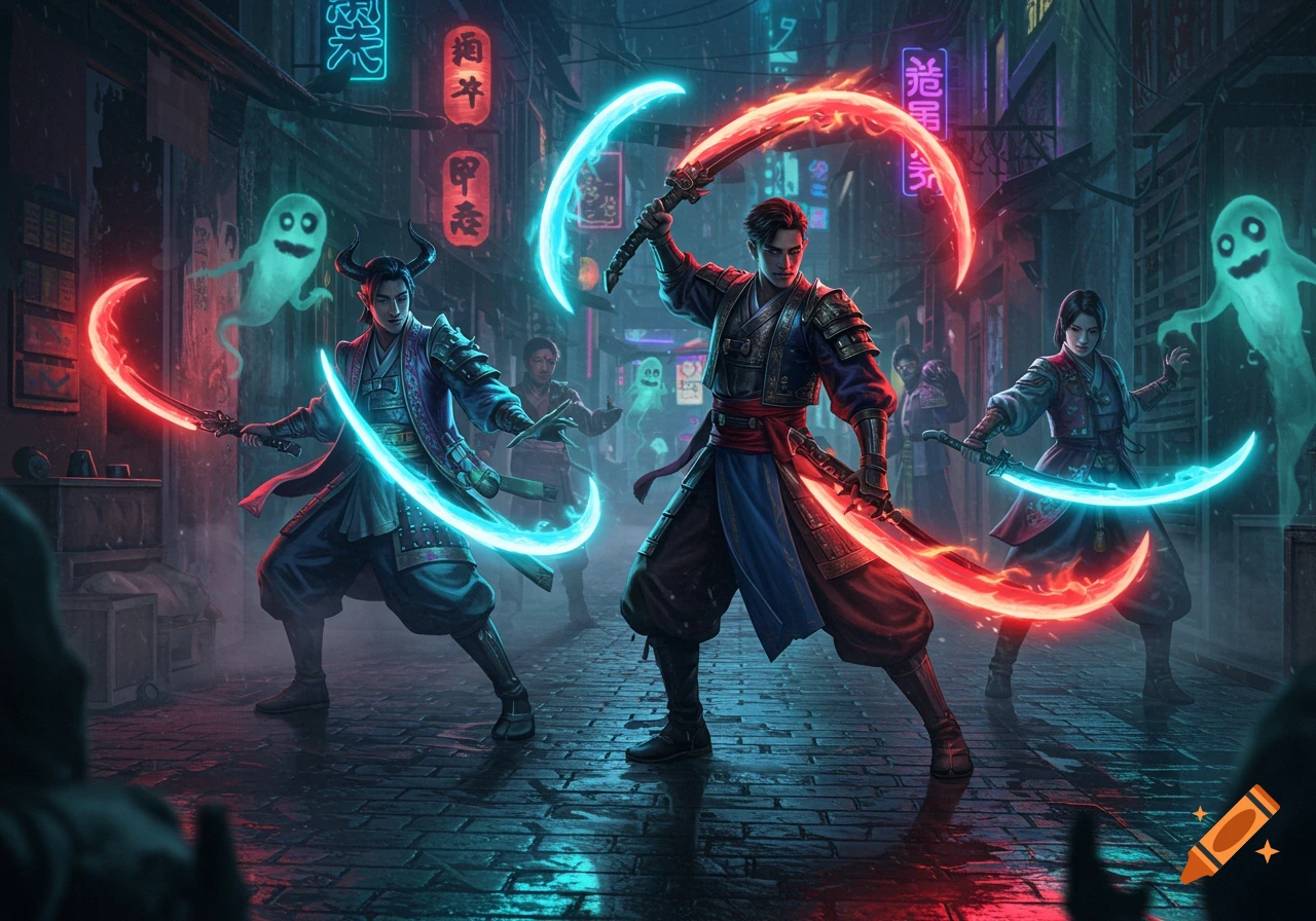 Three stylized demon hunters with glowing swords fight in a neon-lit, dark urban alley, with two ghosts floating nearby. Digital art.