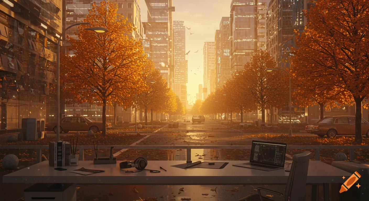 Photorealistic autumn cityscape view from a desk with a laptop, headphones, and books, featuring golden trees and futuristic buildings at sunset.