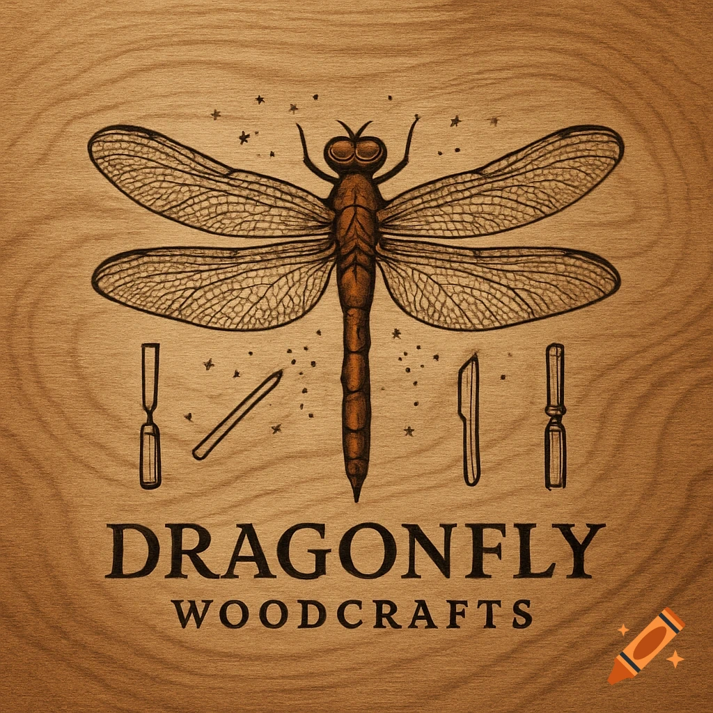 Dragonfly Woodcrafts logo etched onto a wooden background, featuring an outlined dragonfly with woodworking tools and stars.