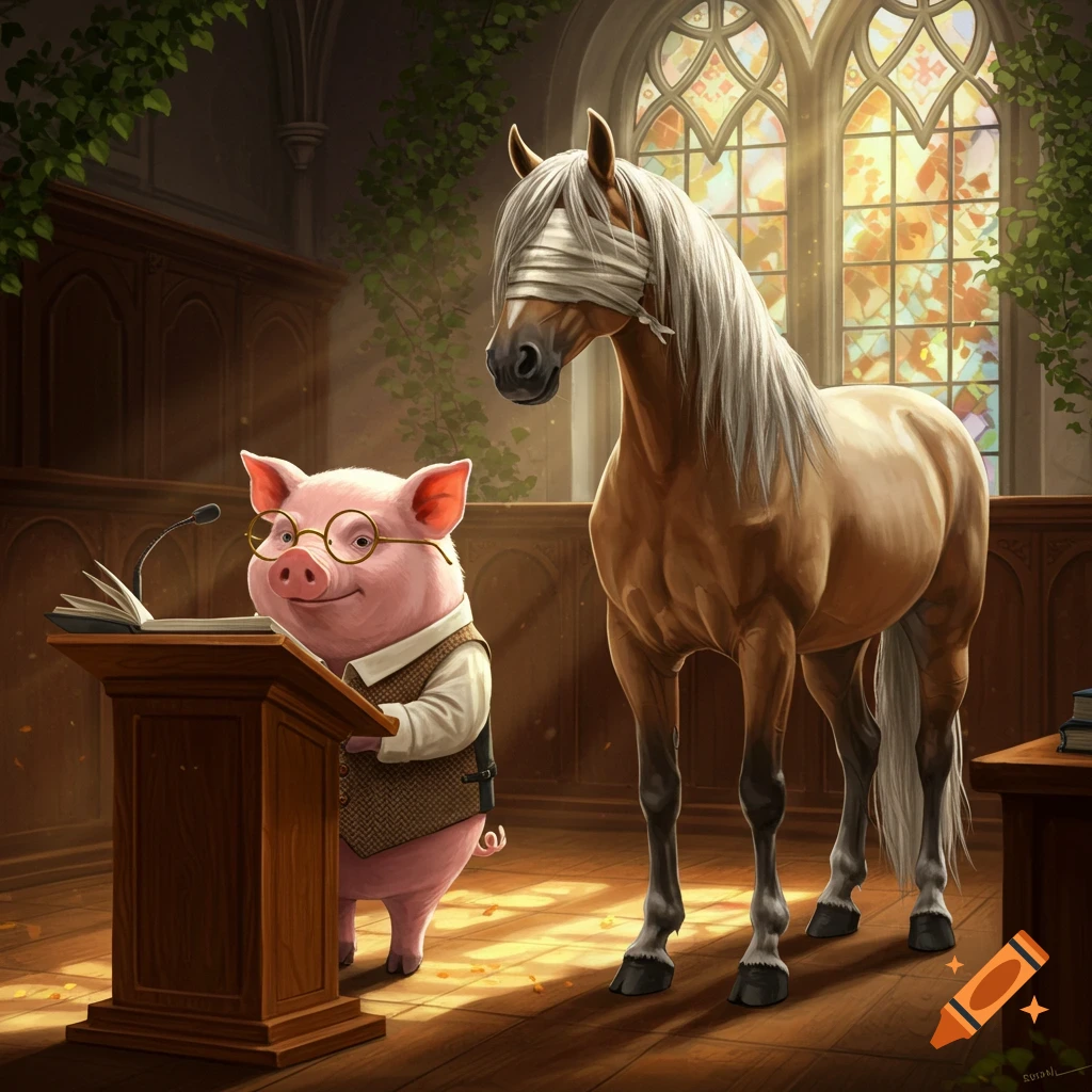 A pig in a vest and glasses speaks from a podium to a blindfolded horse in a grand hall with stained-glass windows. Digital art.