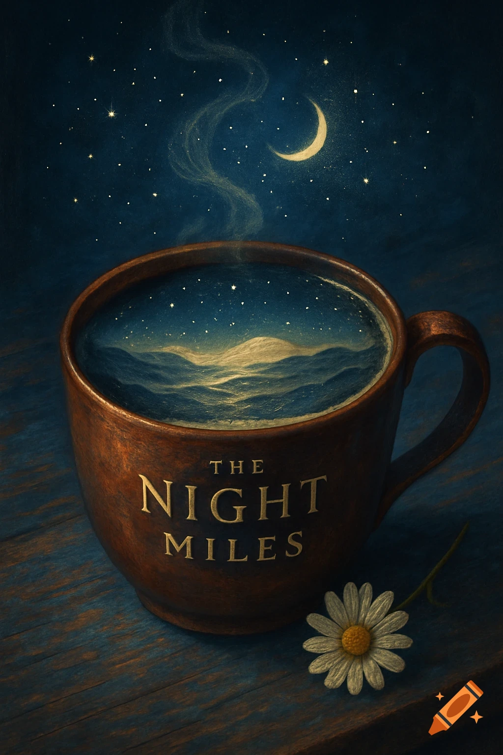 A rustic cup holds a miniature starry night sky with ocean waves, labeled 'THE NIGHT MILES', next to a daisy on a wooden surface.