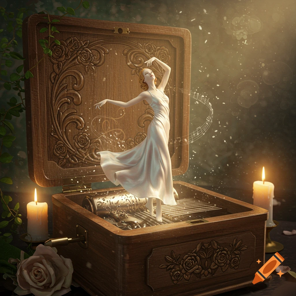 A beautiful wooden music box with a dancing woman figurine, surrounded by musical notes, lit candles, and a rose in a warm, ethereal glow.