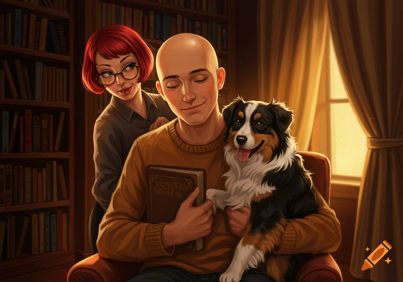 Illustrative portrait of a bald man holding a book and an Australian Shepherd, with a sassy woman in glasses peeking from behind, in a library.