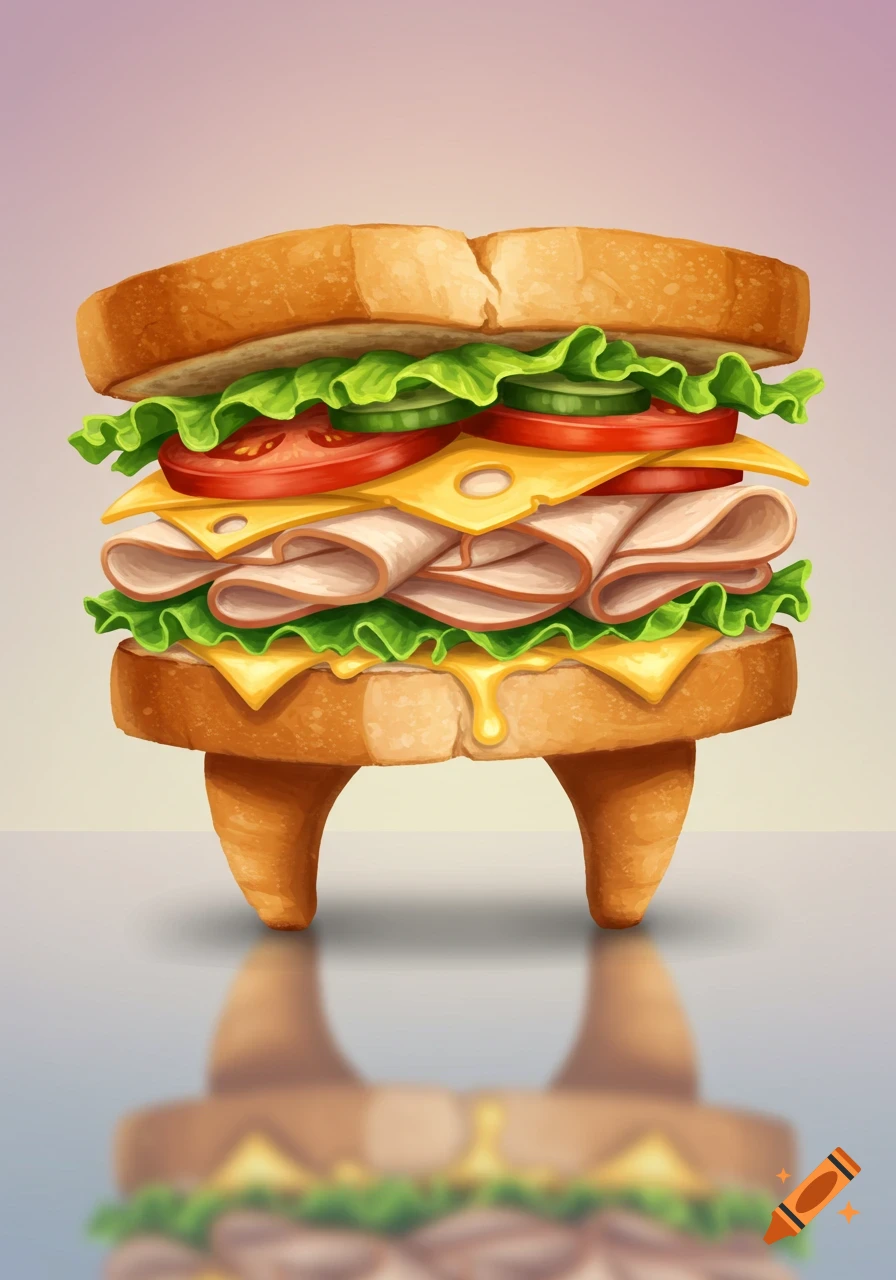 A whimsical, cartoon-style sandwich with lettuce, tomato, cheese, and deli meat, standing on three small legs with dripping cheese.