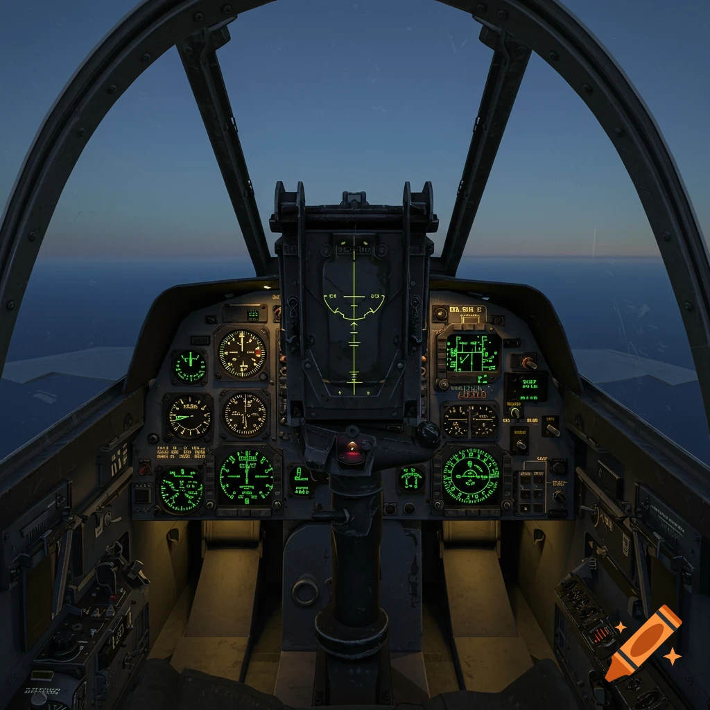 Detailed view from inside an F-4C fighter jet cockpit, showing instruments and controls at dusk.