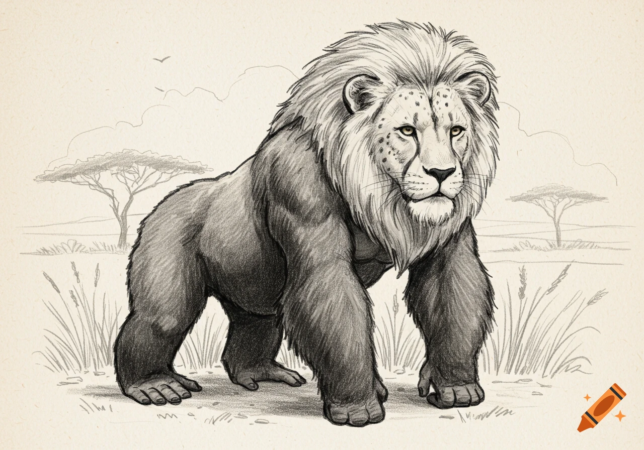 Pencil sketch of a muscular lion-gorilla-cheetah hybrid standing in a savanna landscape.