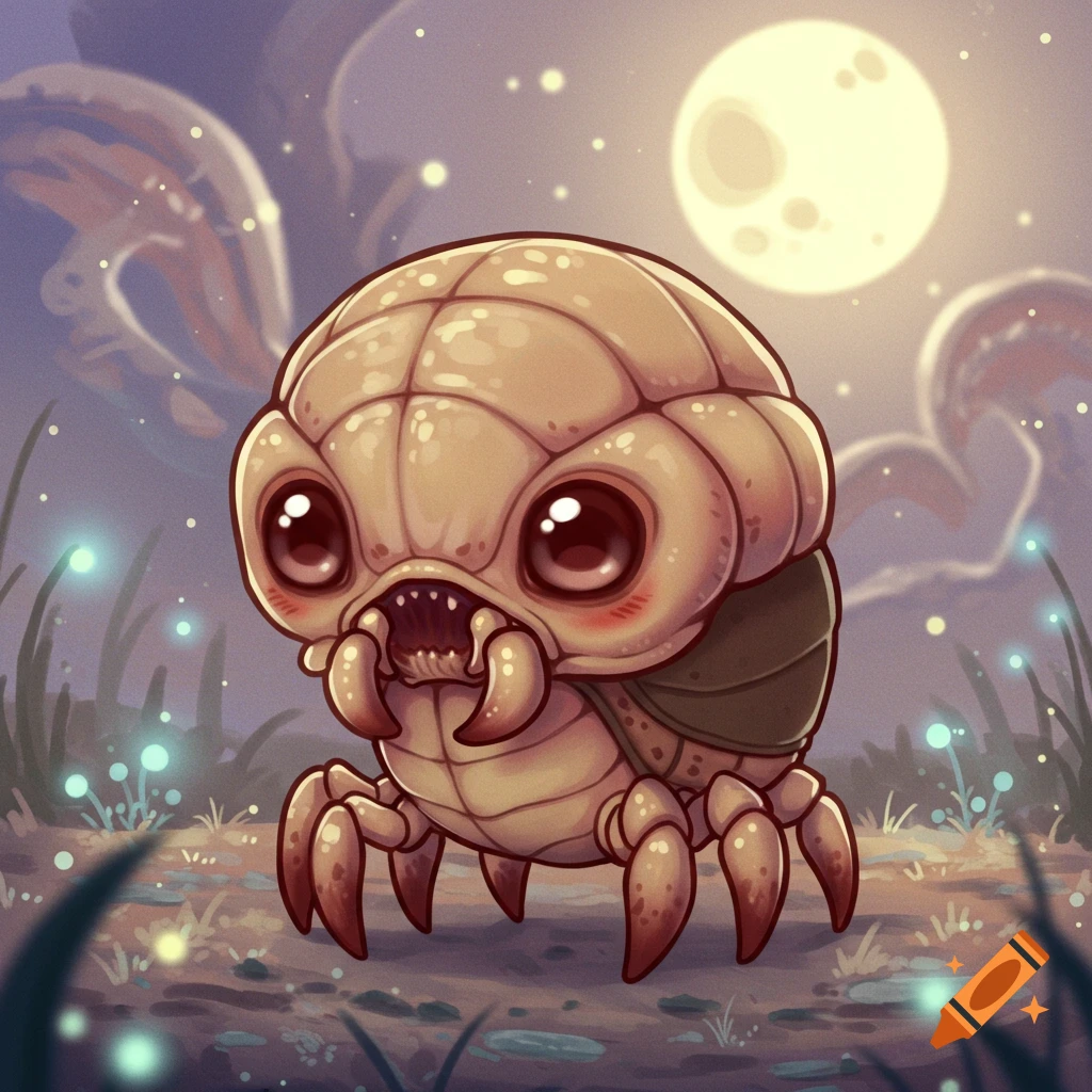 Chibi style cartoon of a beige, armored insect creature with big eyes and fangs on glowing moss under a full moon.