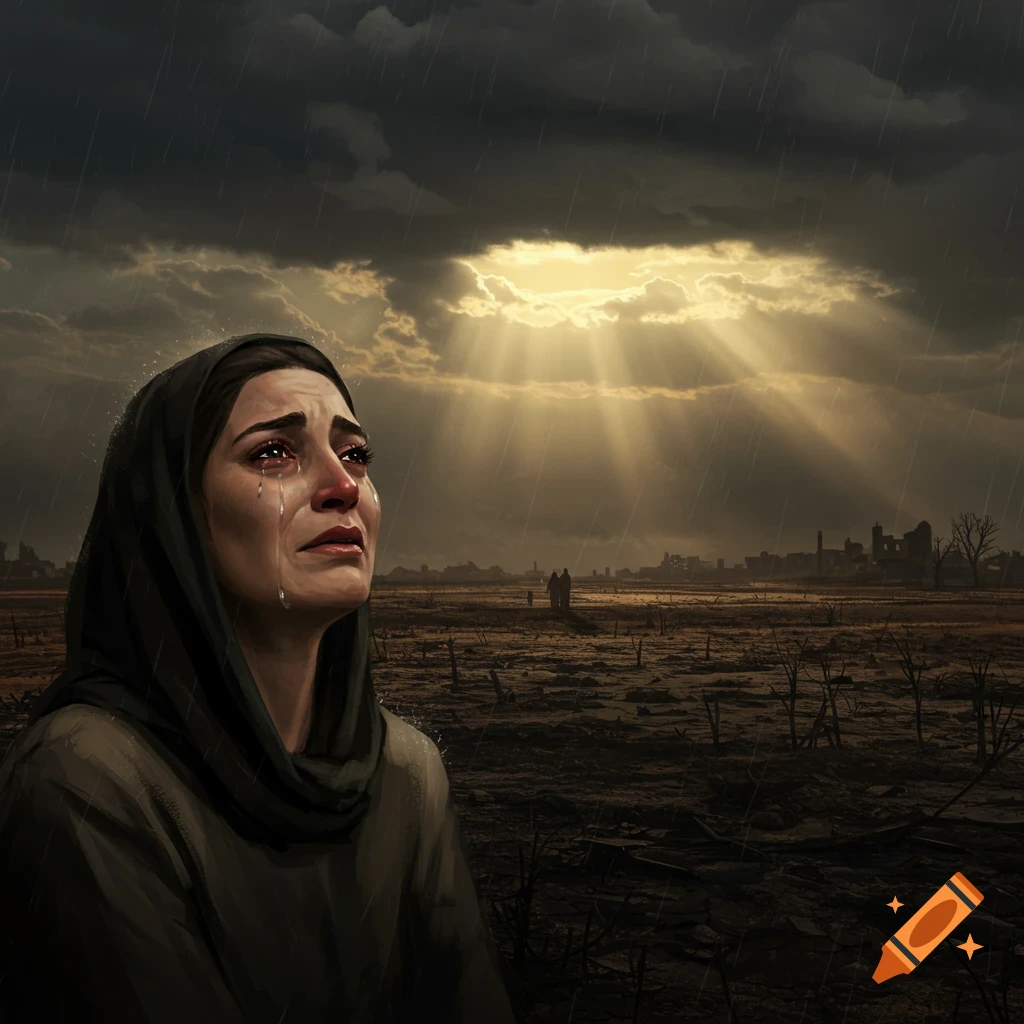 A woman in a headscarf cries in the rain, looking up at sun rays through dark clouds over a desolate, war-torn landscape.