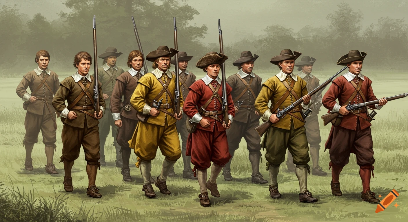 A group of 17th-century European soldiers in detailed uniforms, marching with muskets through a muted landscape in an illustrative style.