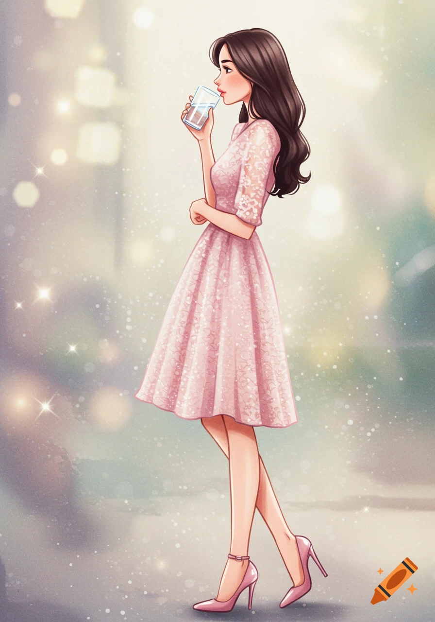 Illustrated woman in a pink lace dress and pink high heels, drinking water from a glass.