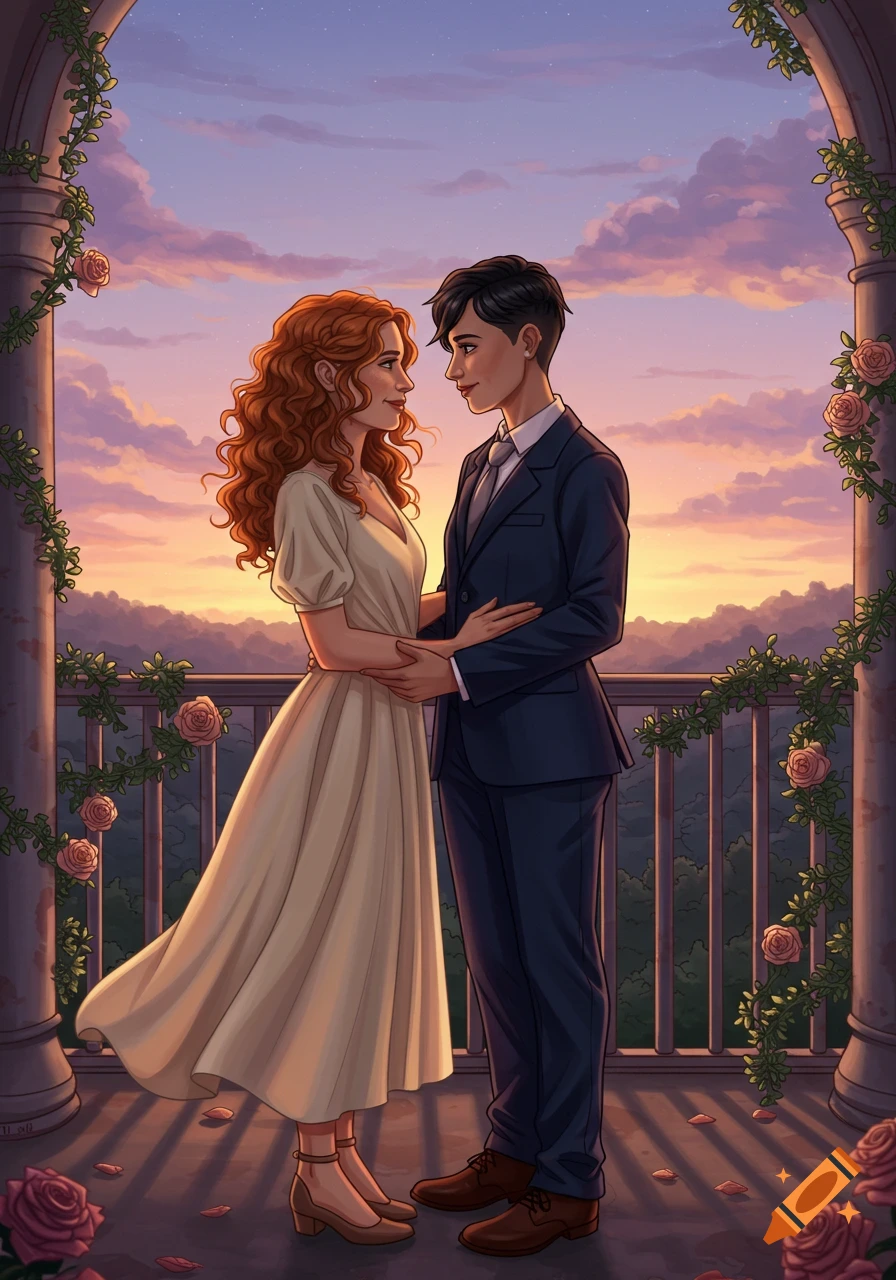 An illustrated lesbian couple embraces on a rose-adorned balcony, gazing into each other's eyes at sunset over a valley.