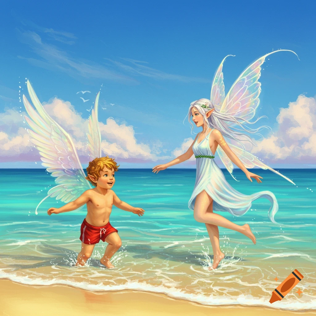 A blonde putto in red shorts and a white-haired fairy in a white dress with wings play in shallow ocean water on a sunny beach.