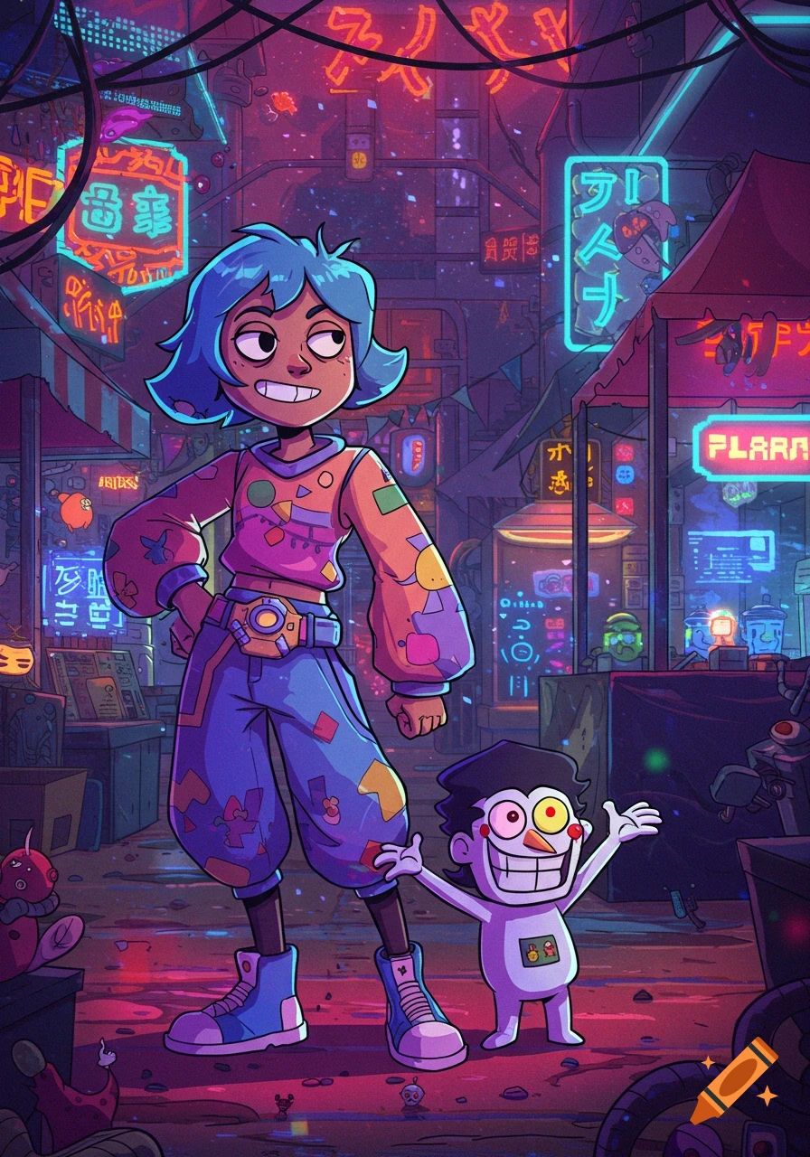A cartoon girl with blue hair and a colorful outfit stands next to a small, white, clown-like character in a neon-lit cyberpunk street.