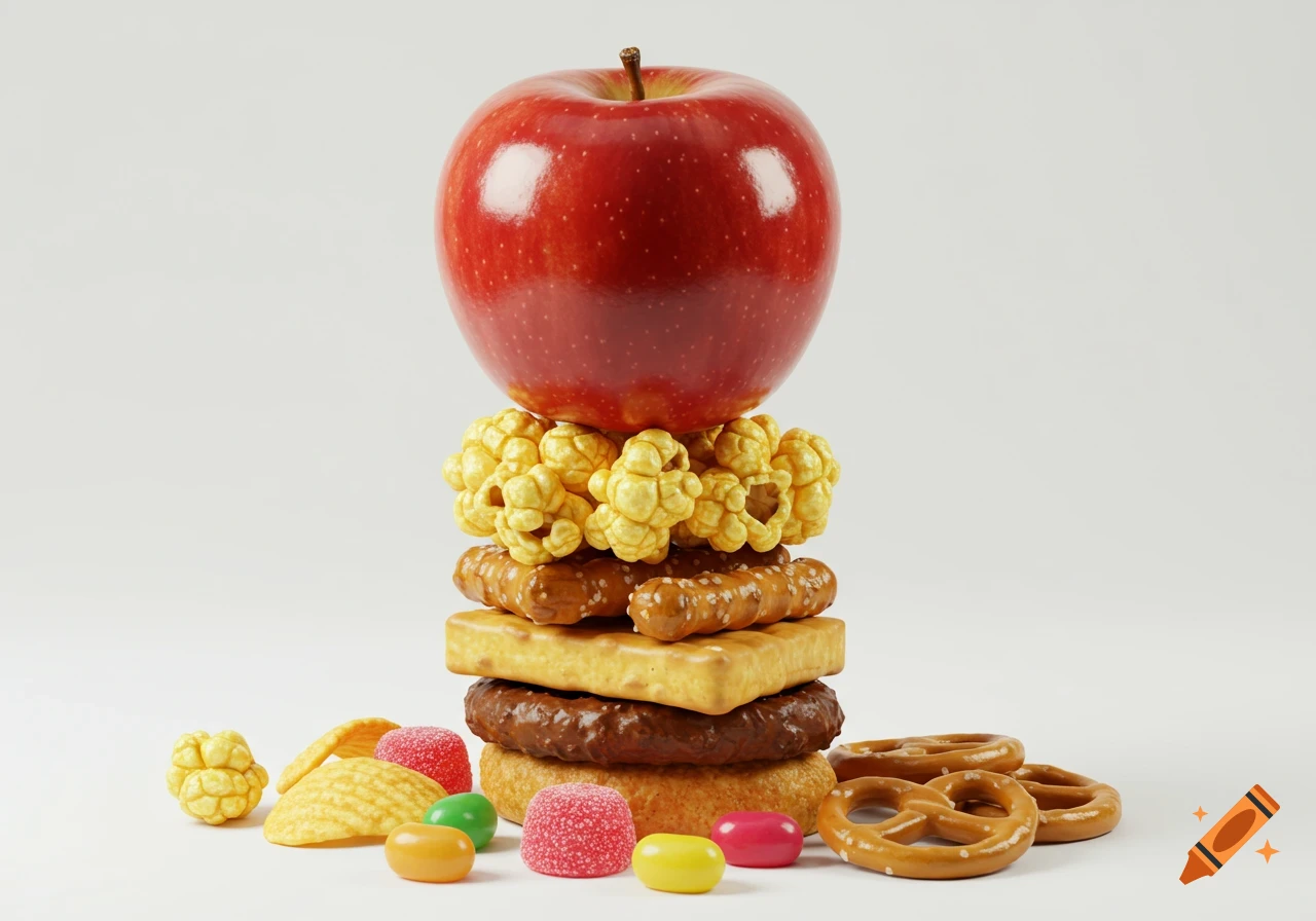 A red apple balances on a stack of various snacks including popcorn, pretzels, and cookies, with candies and chips scattered at the base.
