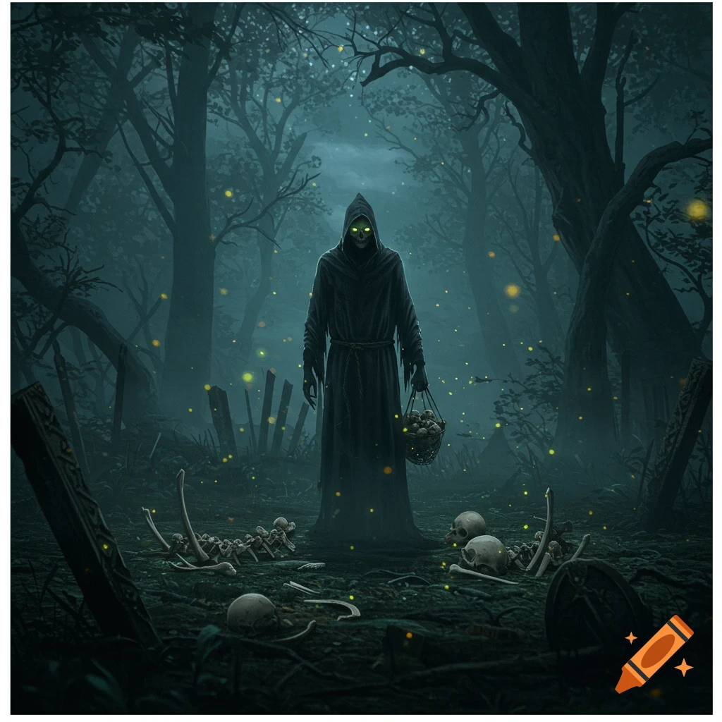 A dark fantasy illustration shows a grim reaper-like figure in a misty, moonlit forest surrounded by skulls and bones, holding a basket.