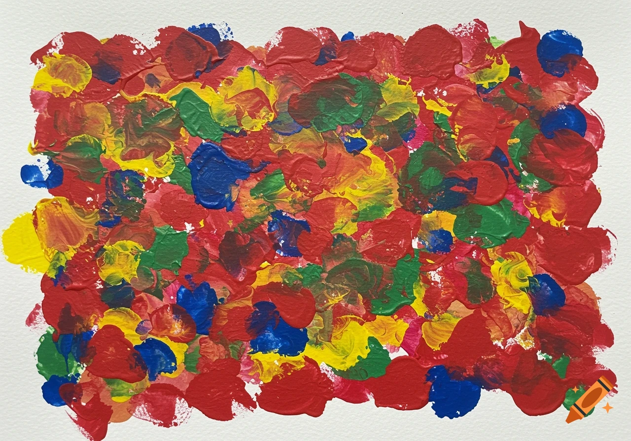 Abstract painting with thick, textured blobs of red, yellow, blue, and green paint on a white background.