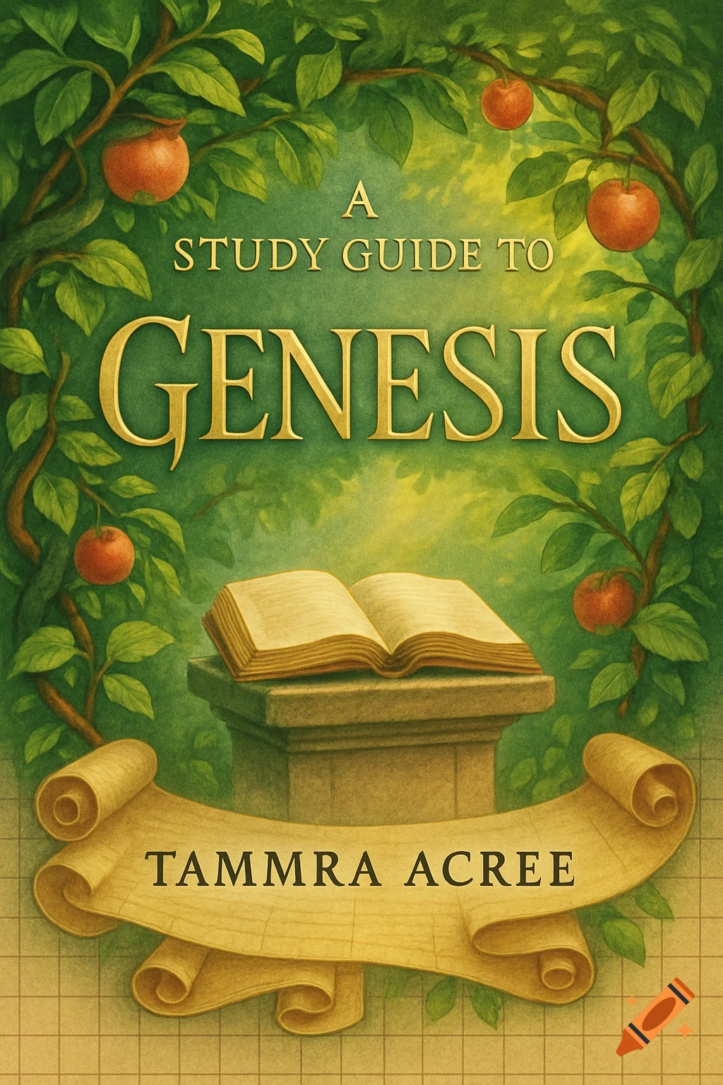 Illustrated book cover for 'A Study Guide to Genesis' by Tammra Acree, featuring an open book on a pedestal framed by vines and apples.