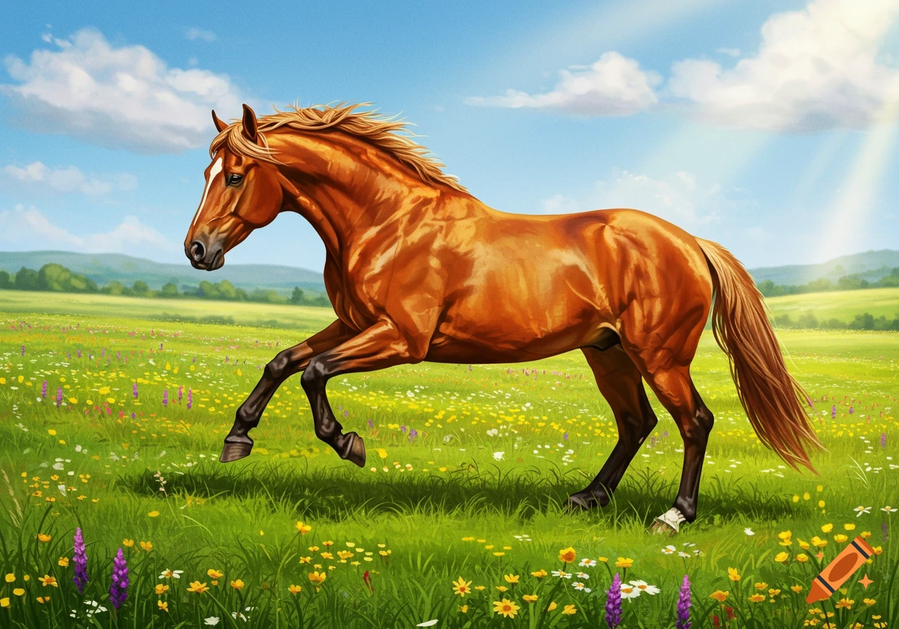 A majestic chestnut horse gallops through a sunny, green meadow filled with colorful wildflowers.