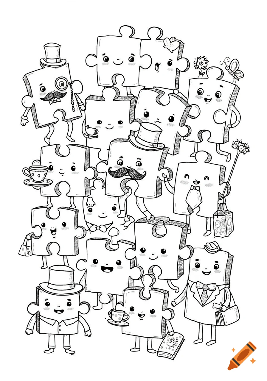 Black and white line art of many cute, anthropomorphic puzzle piece characters in a jumble, some with hats, mustaches, or teacups.