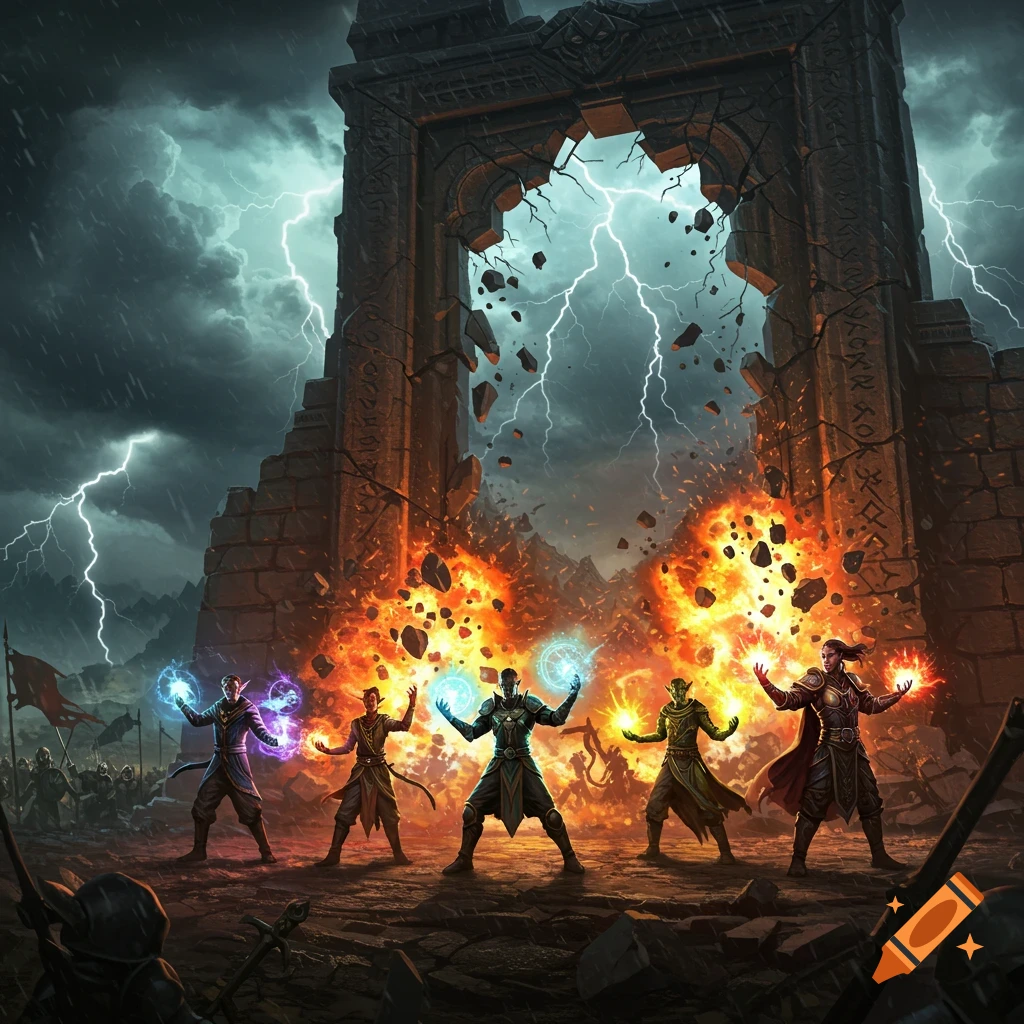 Five cloaked heroes cast colorful spells, destroying a massive stone archway with fire and lightning in a dark, stormy fantasy scene.
