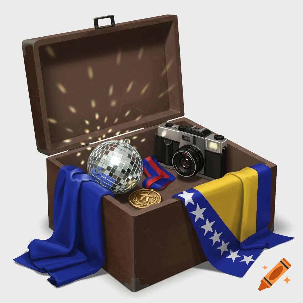 An open brown time capsule box contains a disco ball, a gold sports medal, a vintage camera, and a folded Bosnian flag on a white background.