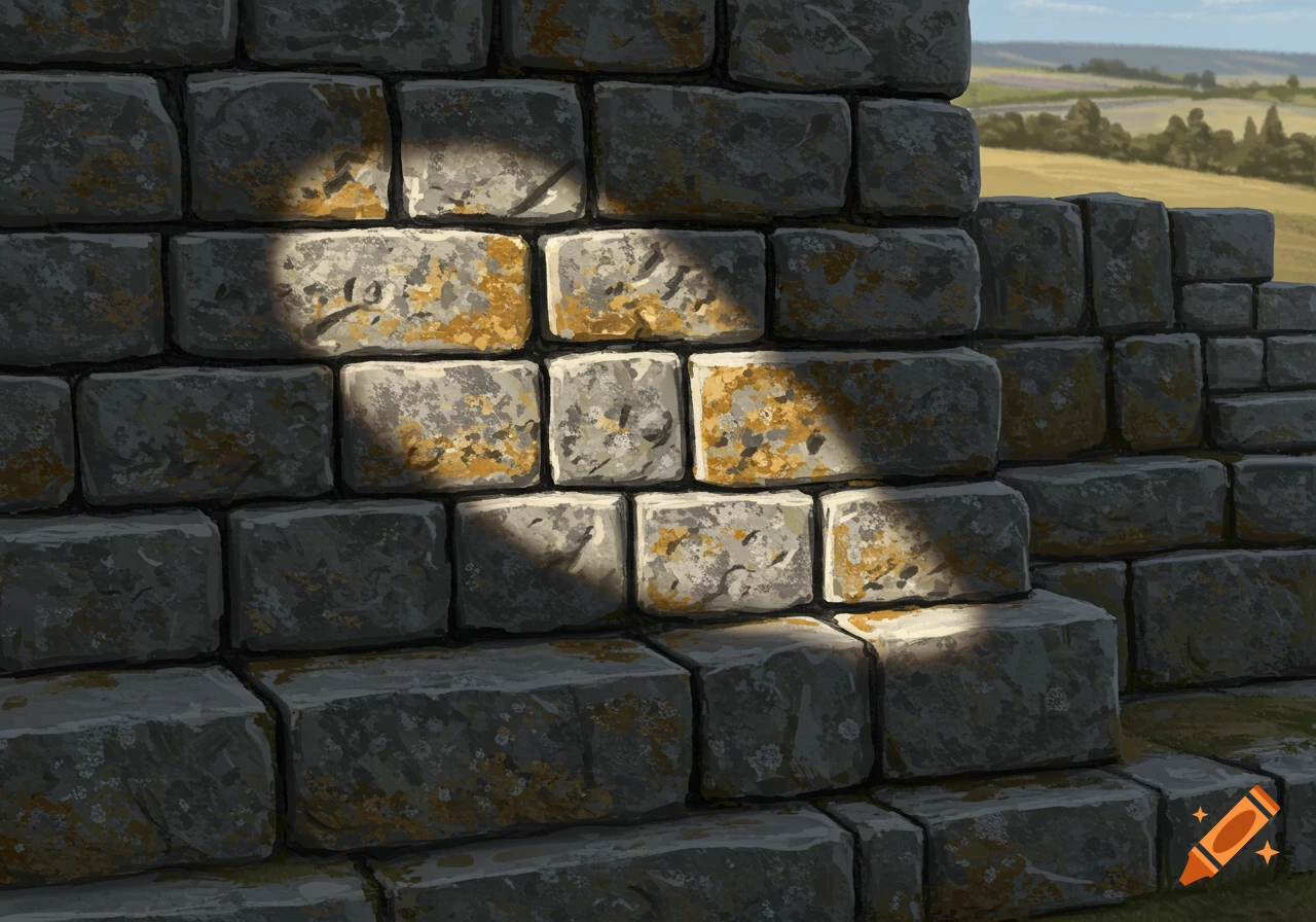 Close-up of an old stone wall with lichen, illuminated by patches of sunlight, against a green and yellow rural landscape.
