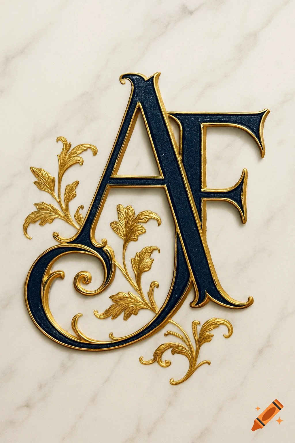 An ornate gold and dark blue monogram of the letters A and F on a white marble background, adorned with gold filigree.