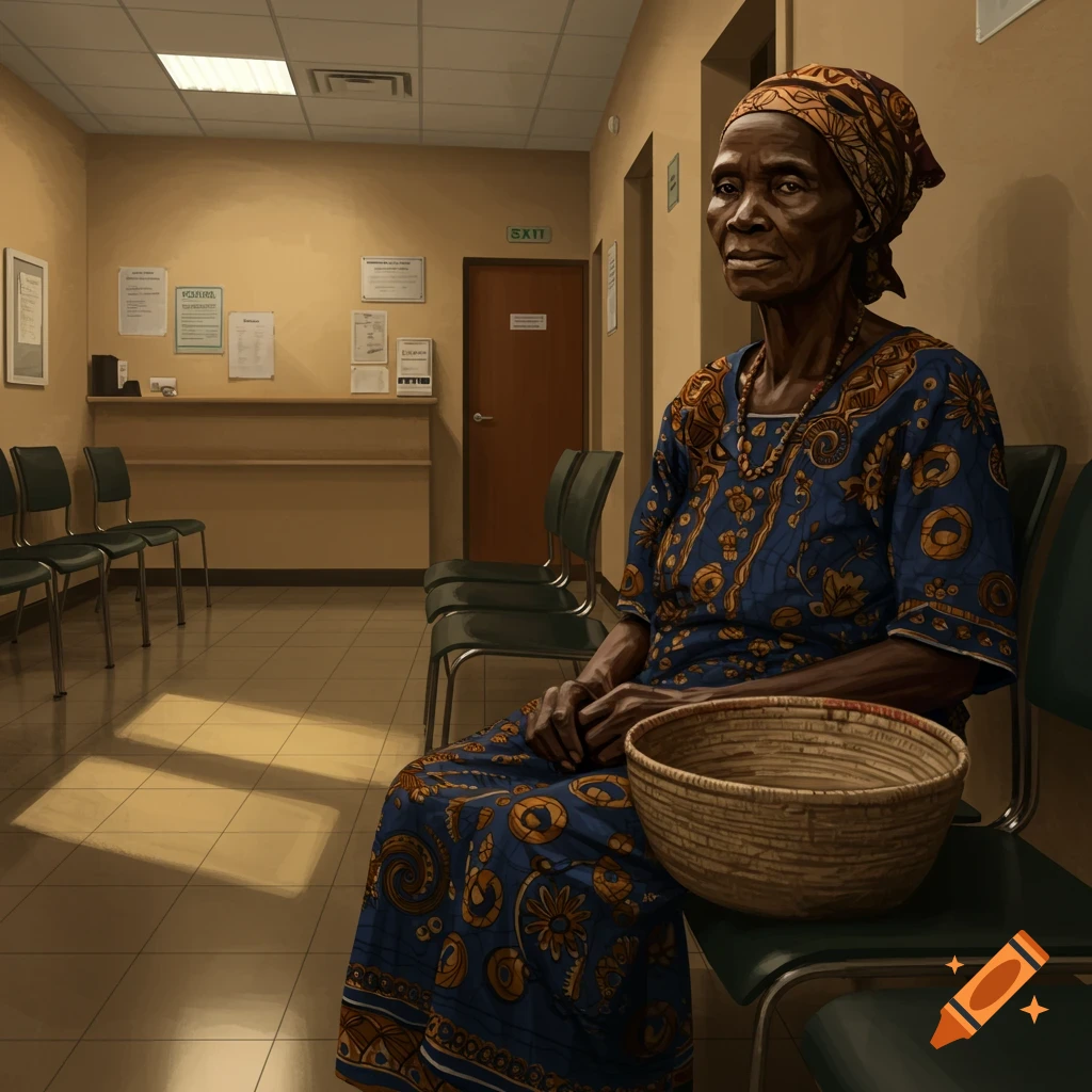 An old African woman in a patterned blue dress sits with a woven basket in a waiting room.