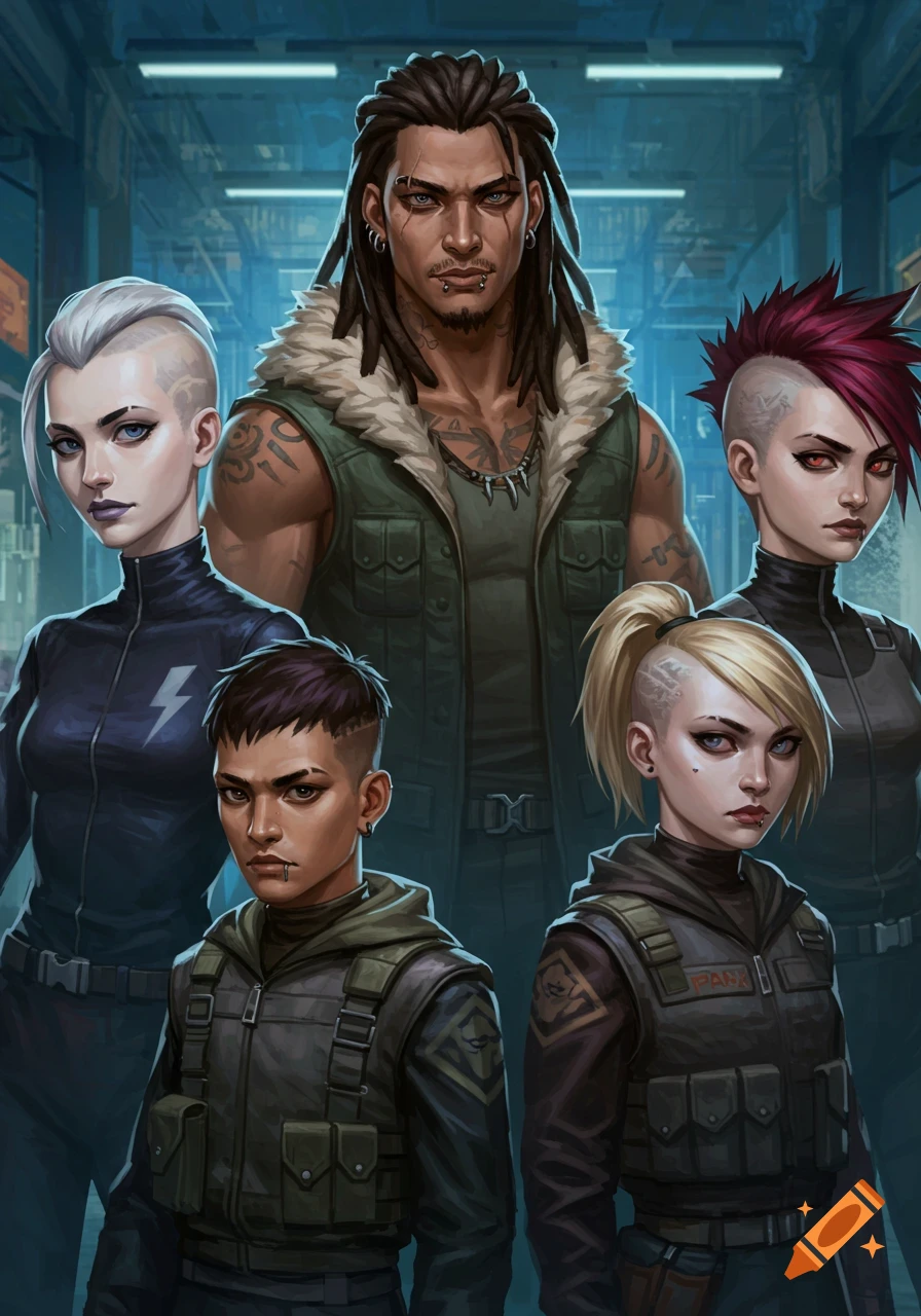 Five diverse, heavily pierced individuals in military-style gear and tactical vests, with various punk-inspired hairstyles, stand in a group in a futuristic setting.