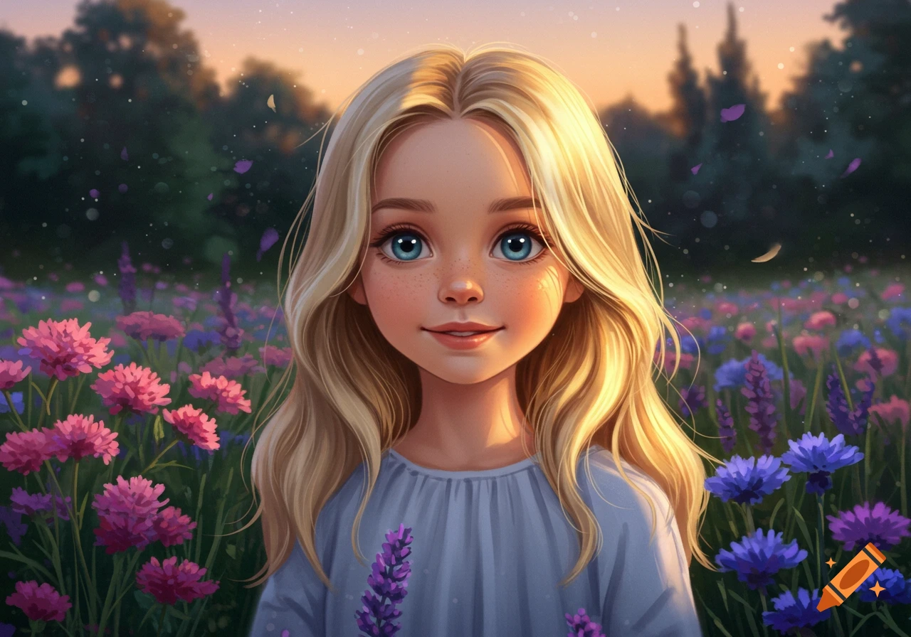 Digital painting of a smiling young girl with blonde hair, blue eyes, and freckles, standing in a vibrant flower field at sunset.
