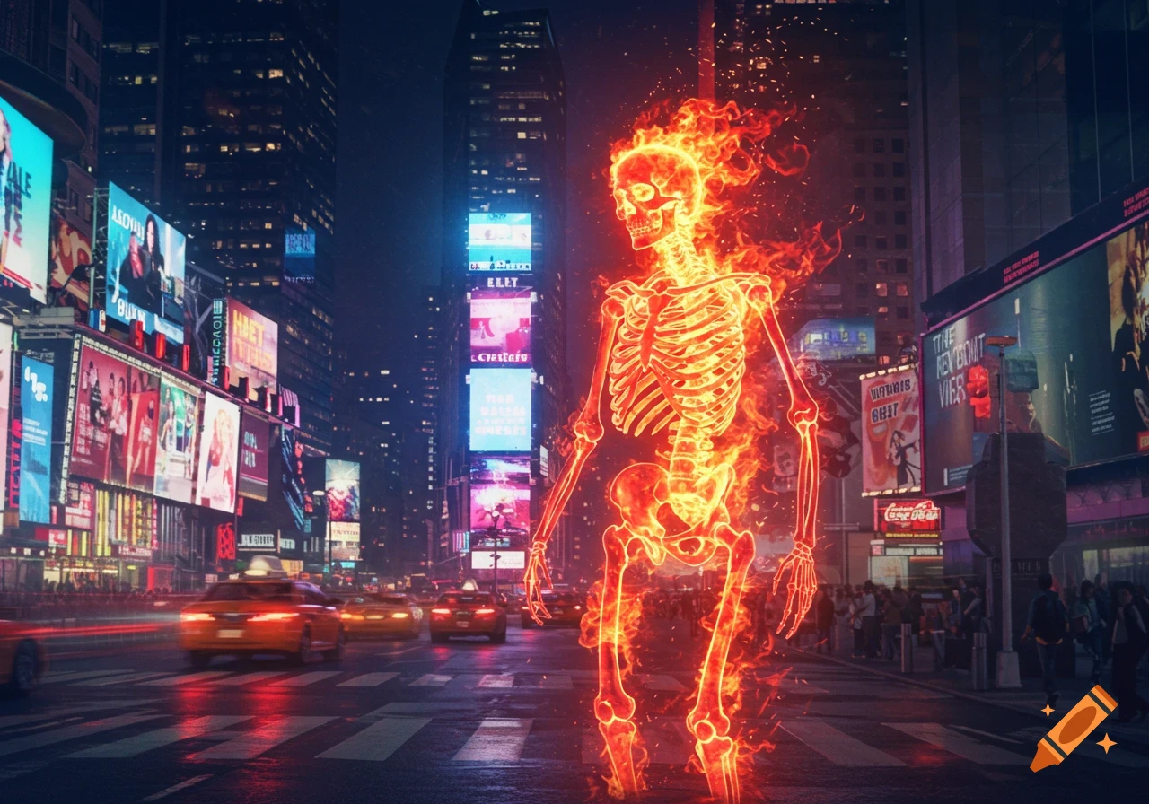 A flaming skeleton walks down a busy city street at night, illuminated by neon billboards and passing yellow taxis.