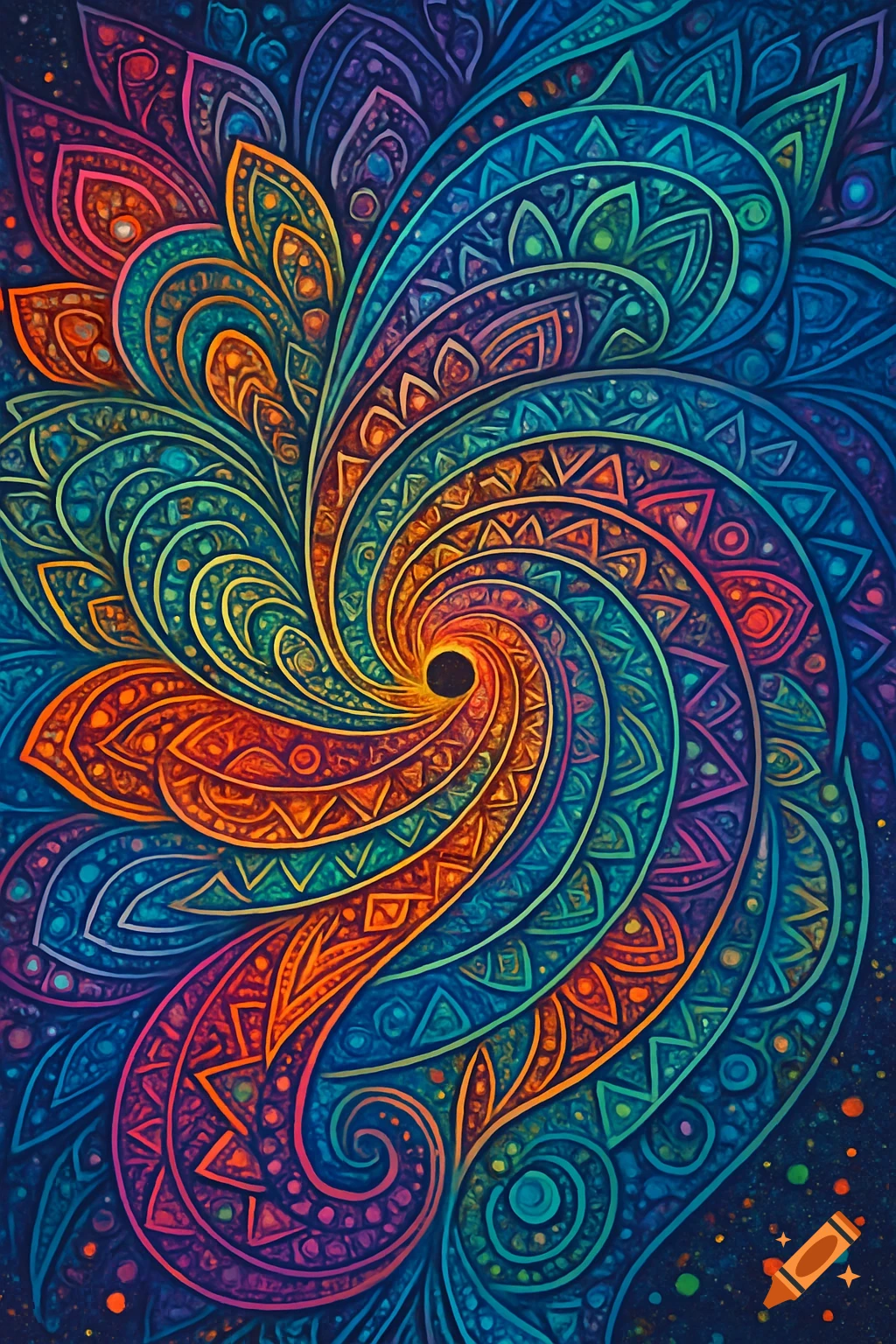 Vibrant, intricate spiraling abstract pattern reminiscent of a mandala, featuring diverse colorful shapes and dots.