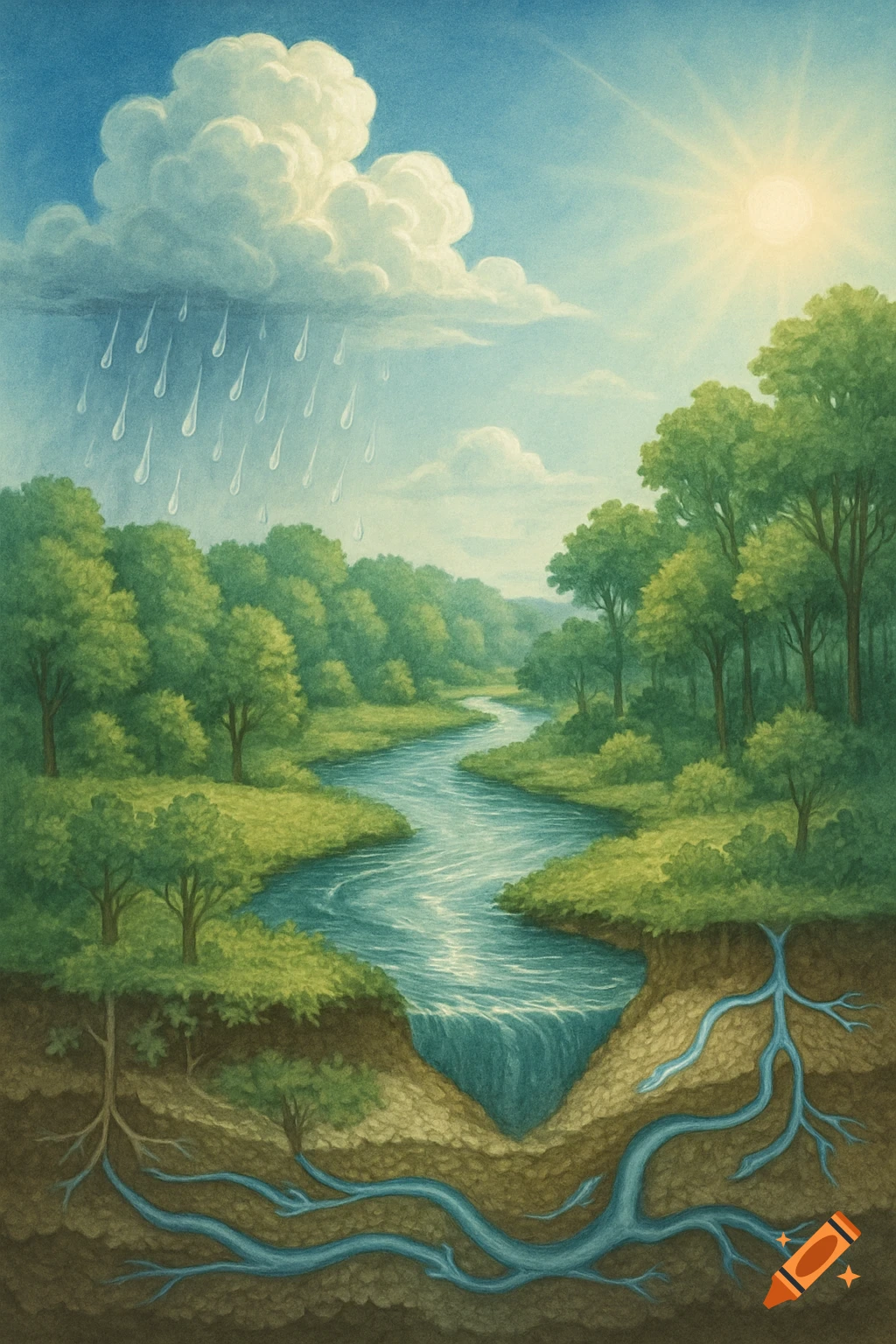 Stylized illustration of the water cycle: rain from clouds, a river, sunny forest, and tree roots absorbing underground water.