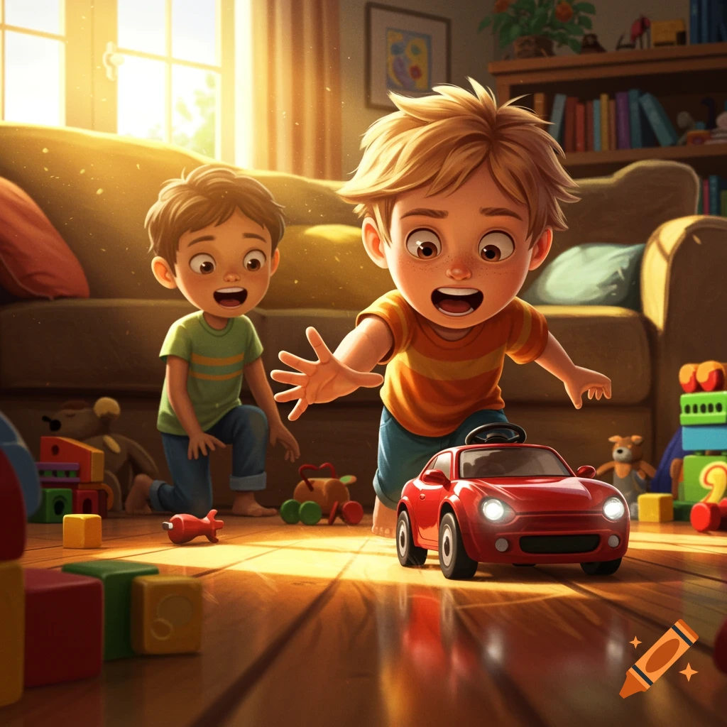 Two young cartoon boys playing with toys in a sunlit living room; one boy reaches for a red toy car.