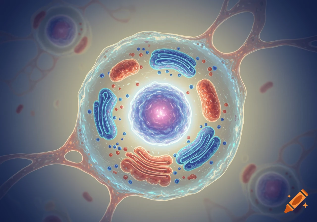 A detailed 3D rendering of a biological cell with a glowing nucleus, mitochondria, and other organelles.