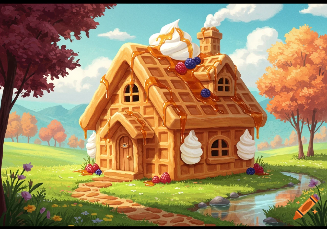 A whimsical house made of waffles, topped with whipped cream, syrup, and berries, sits in a green, autumn-colored landscape with a stream.