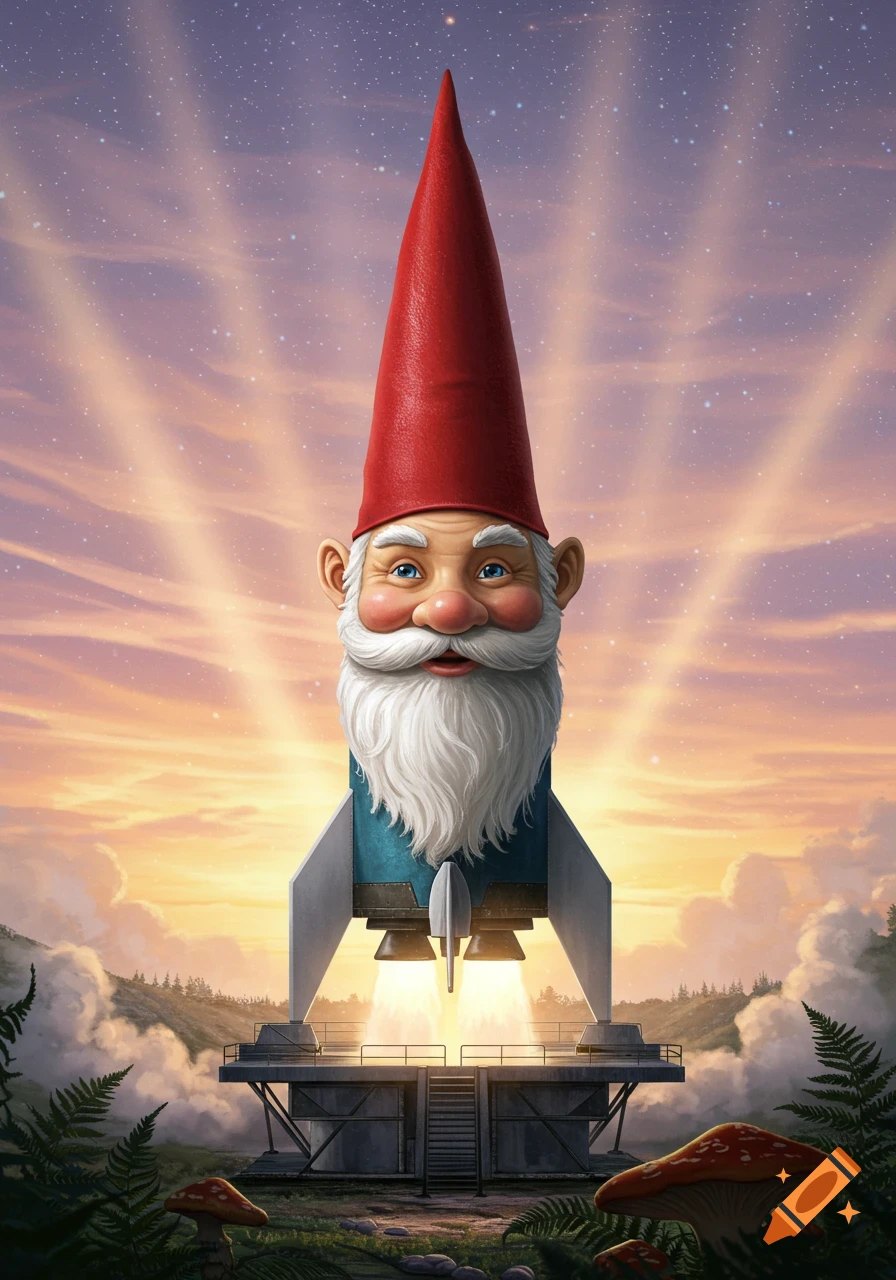A whimsical rocket with a gnome's head and red hat launches from a forest clearing at sunset.