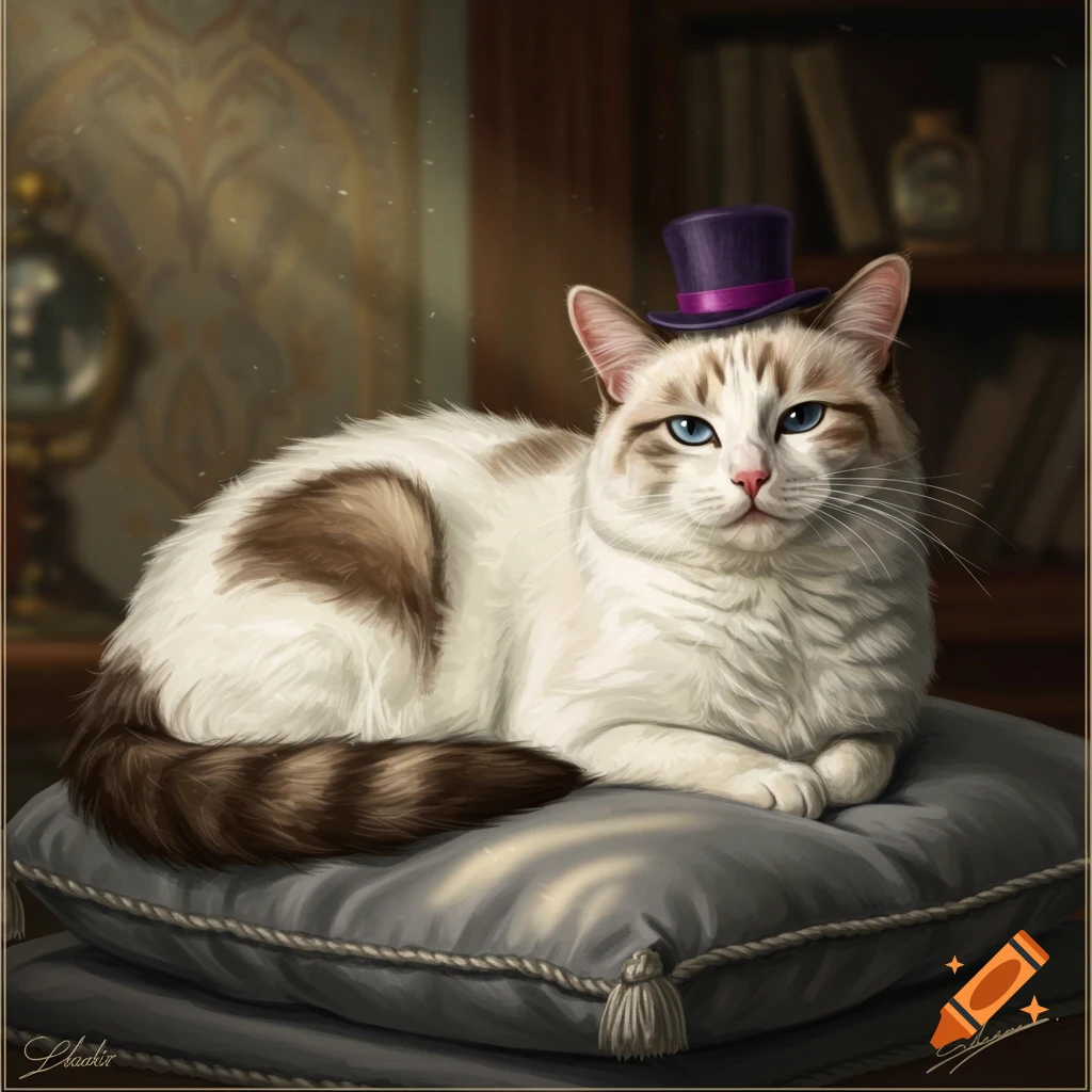 A white and brown colourpoint cat with blue eyes wearing a small purple top hat lies on a grey cushion, digital painting.