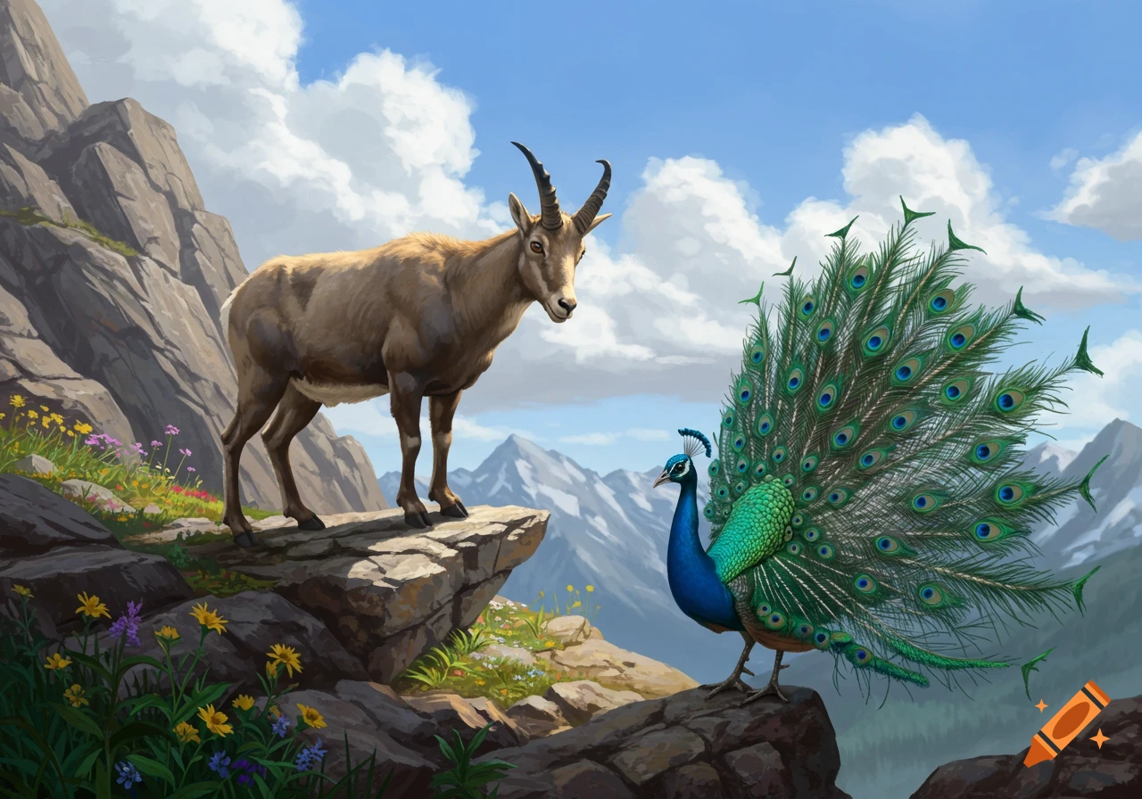 A mountain goat on a rocky ledge watches a peacock with its tail fanned, amidst a mountain landscape with wildflowers under a cloudy sky.
