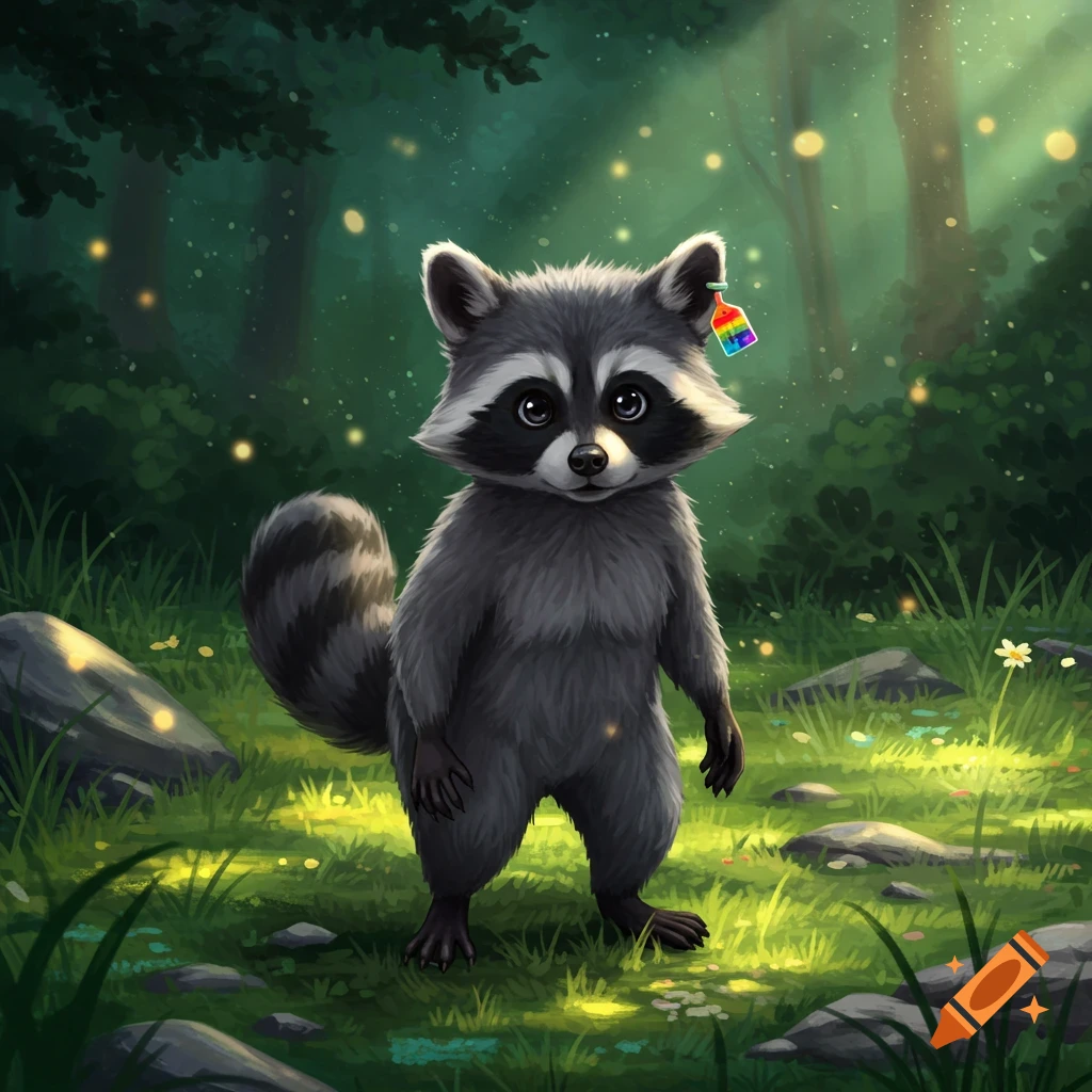 Cute cartoon raccoon standing in an enchanted forest with glowing fireflies, wearing a rainbow tag on its ear.