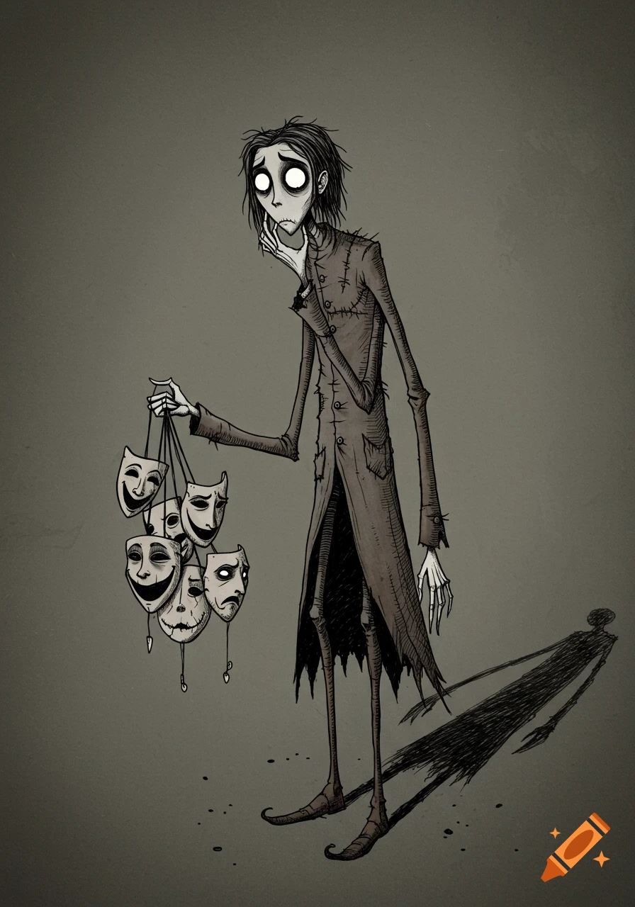 A spindly, Tim Burton-esque figure in a ragged coat holds a bundle of masks, contemplating a cracked one.