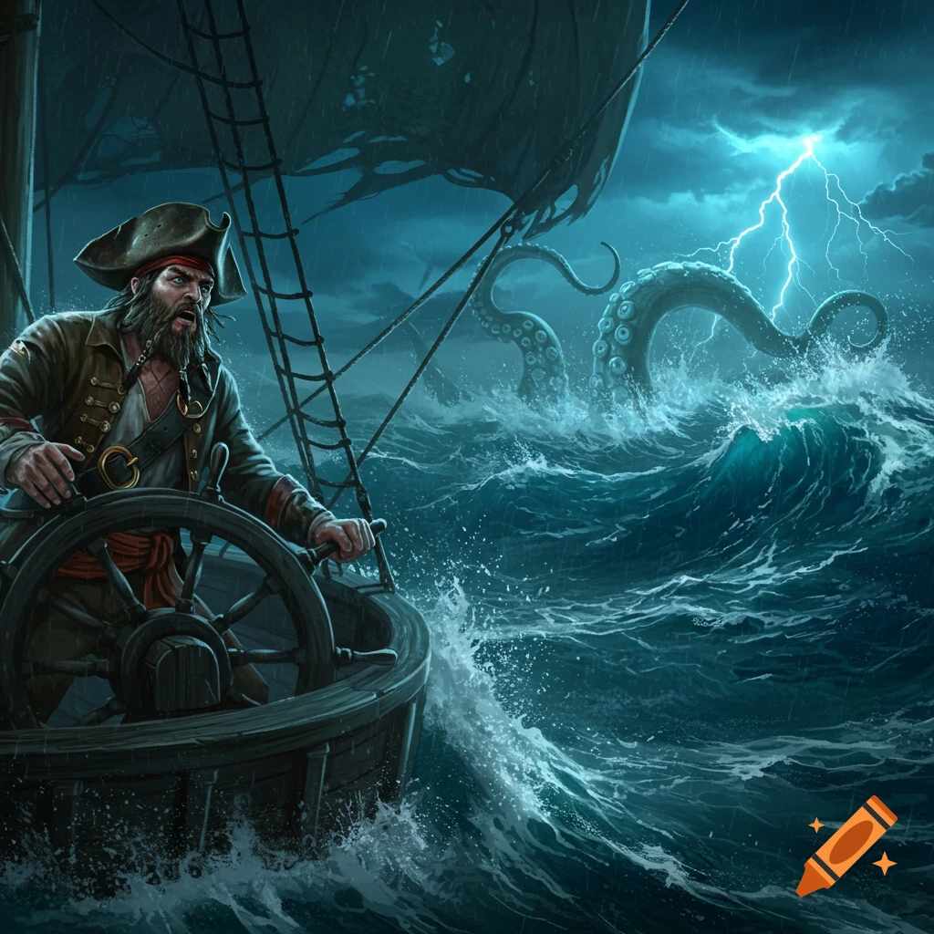 A pirate steers his ship through a stormy sea at night, a massive kraken's tentacles rising from the waves under a lightning bolt.